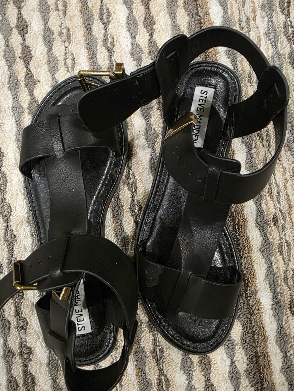 Steve Madden Black Leather T-Strap Sandal with Gold Buckle